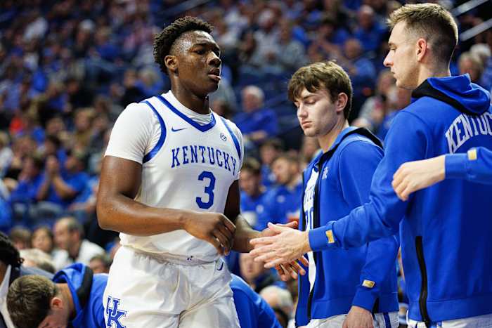 Nov 6, 2023; Lexington, Kentucky, USA; Kentucky Wildcats guard Adou Thiero (3) returns to the bench during the first half against the New Mexico State Aggies at Rupp Arena at Central Bank Center. Mandatory Credit: Jordan Prather-USA TODAY Sports